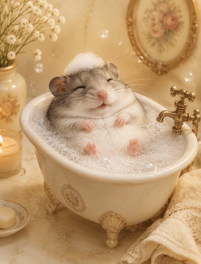 A serene and whimsical illustration of a small, grey and white hamster reclining in a miniature, ant