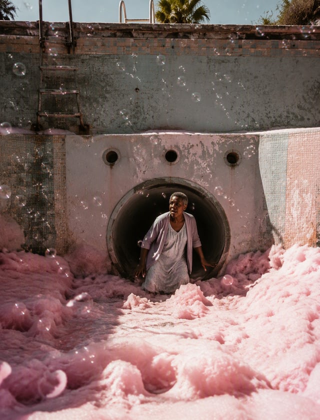 Static. in an empty swimming pool overtaken by a huge amount of pink foam and illuminated by hard no