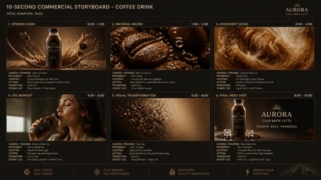 Create a 10-second cinematic product commercial storyboard for кофейного напитка. Include six timed 