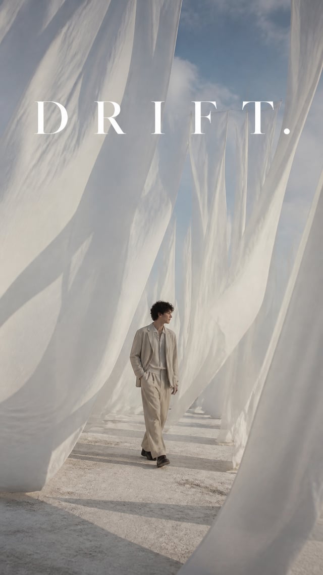 Premium editorial campaign.Main Subject: Young man standing inside a giant field of white fabric she
