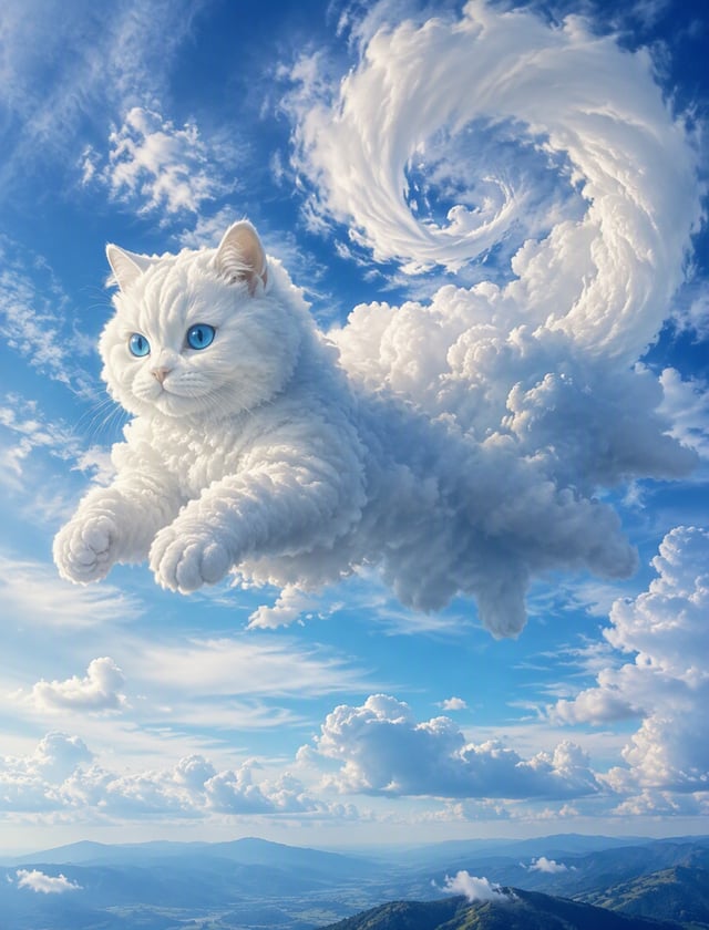 Hyper-realistic rendering A breathtaking 4K high-resolution image depicts a majestic cloud cat float