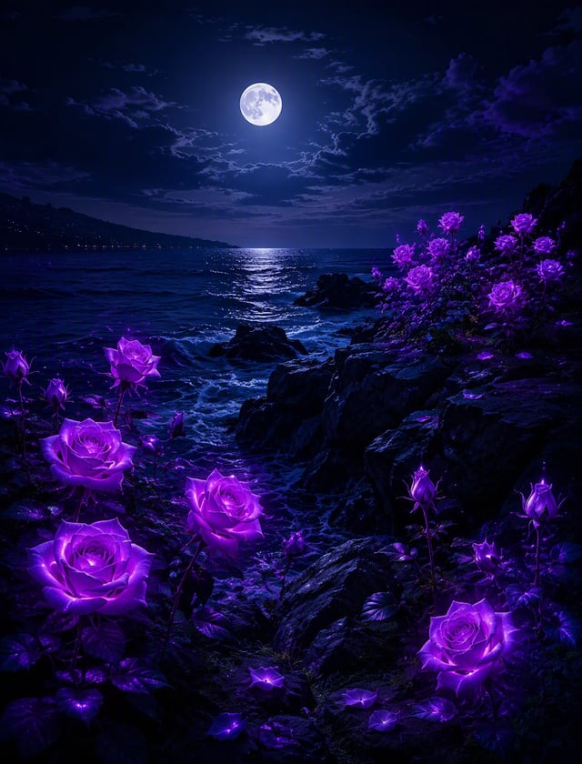 Una imagen de flores dispersas color purple fluorescentes, son rosas en una roca en el mar. Es noche