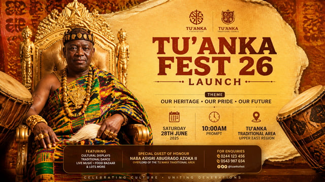 A polished cultural festival launch poster centers a dignified Ghanaian traditional leader seated fr