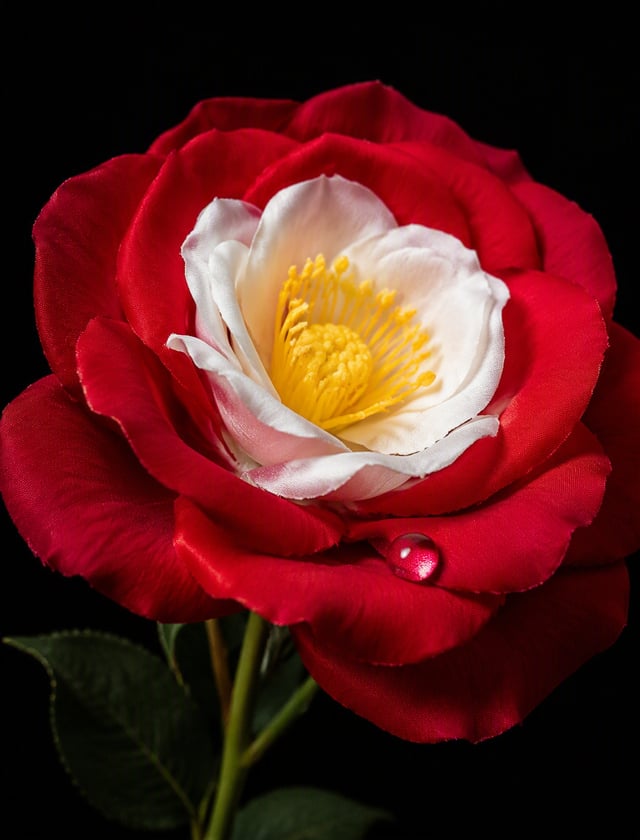 A photograph of a silk rose with the colors of the German flag. The rose has deep red petals with a 