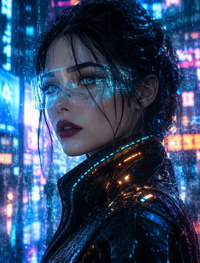 A striking, hyper-realistic digital portrait with a strong cyberpunk and futuristic aesthetic. It fe