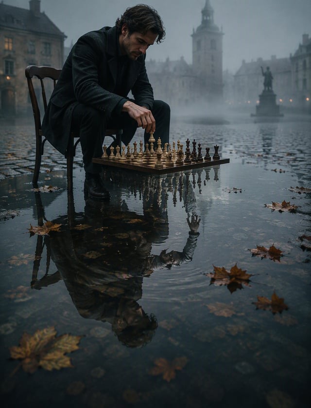 A stunning photorealistic painting capturing a surreal moment in a cobbled square. A man is seated a