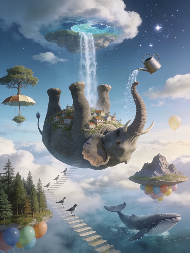 The Elephant That Forgot Gravity An enormous elephant calmly floats upside down across the sky while