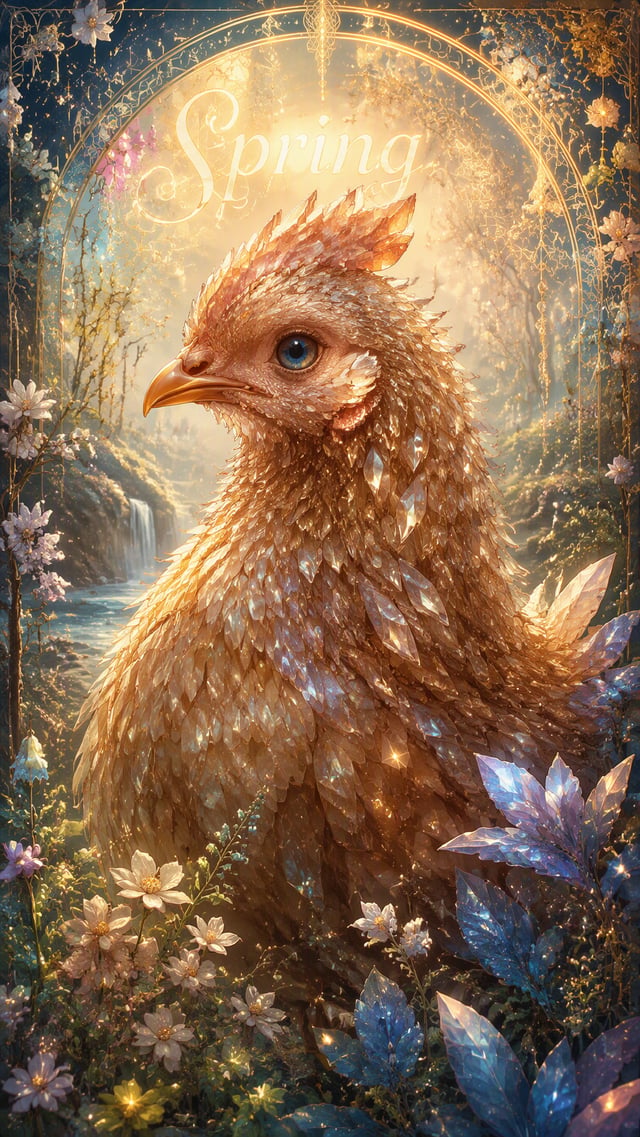 A highly detailed and hyperrealist digital illustration of an adorable cartoon crystal magic chicken