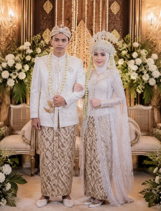 Ubah foto referensi ini menjadi foto pasangan pengantin yang mengenakan busana pengantin adat Sunda 