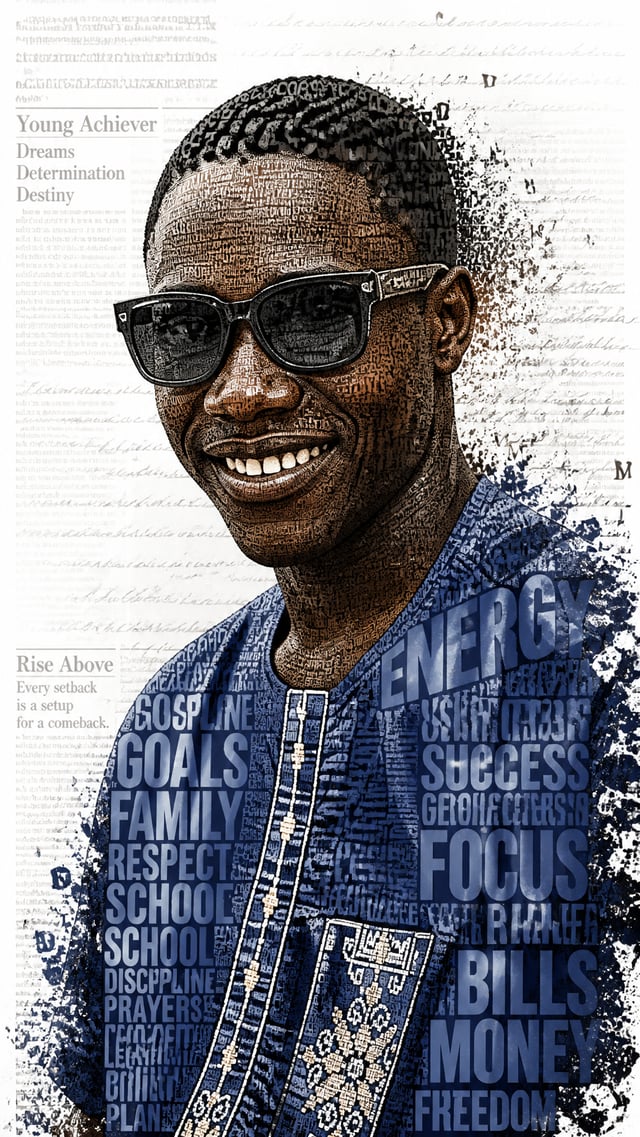 the character in reference image 1 A stunning typographic portrait featuring a subject—resembling th
