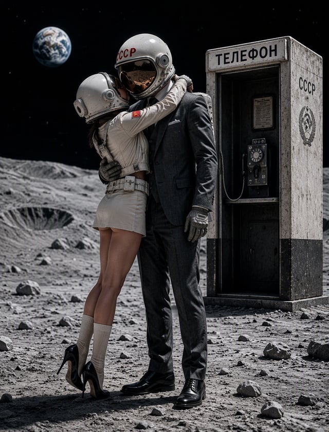 A captivating space scene featuring an astronaut and his girlfriend, both dressed in spacesuits, sta