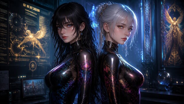 A striking, hyperrealist digital illustration in a dynamic anime style, depicting twin sisters of et