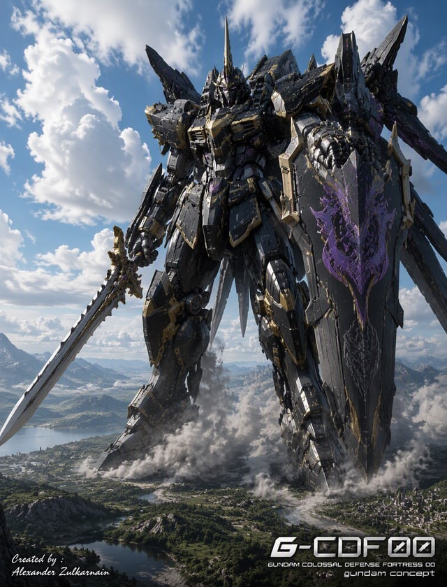 Subjek Utama:Karakter: Sebuah mecha (robot raksasa) bipedal yang masif dan penuh ornamen, dengan des