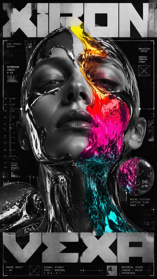 NEON LIQUID INTERFACE DOSSIER — ultra-photorealistic experimental editorial technology dossier, vert