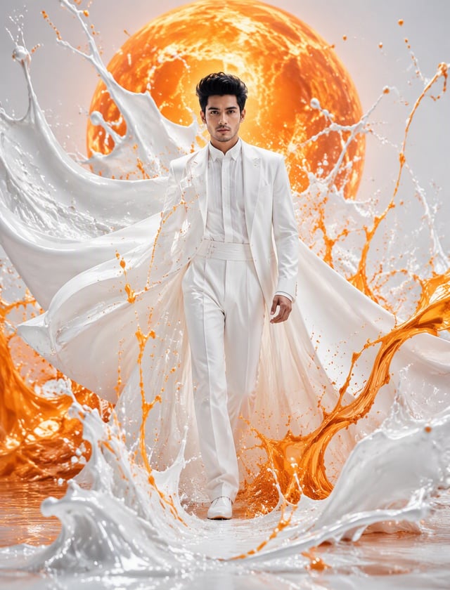 Create an ultra-luxury surreal fashion editorial featuring the same person from the uploaded image, 