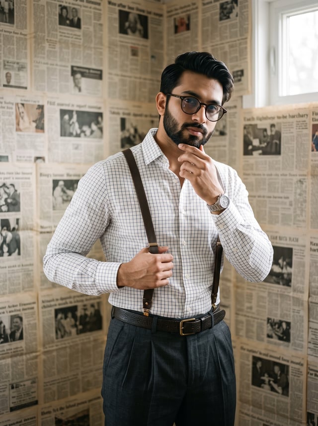 A stylish South Asian man stands in a newspaper-lined interior, adjusting his suspenders with one ha