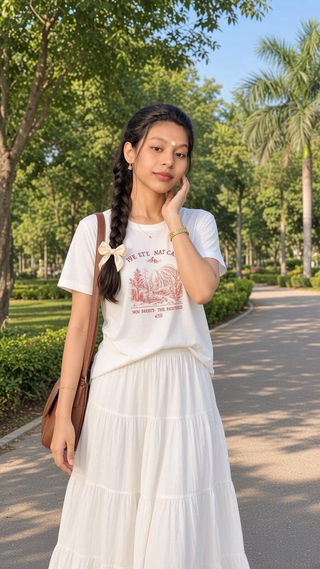 A photorealistic outdoor lifestyle portrait of a young woman walking along a peaceful tree-lined par
