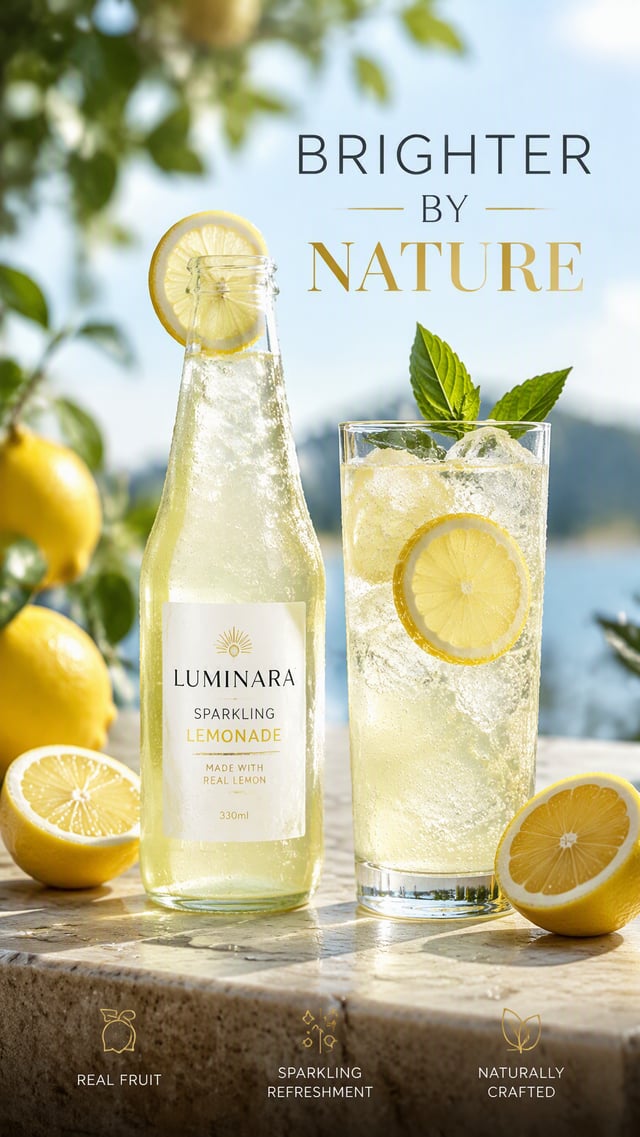 Premium 4:5 advertising poster for a premium sparkling lemonade brand. A clear glass bottle beside a