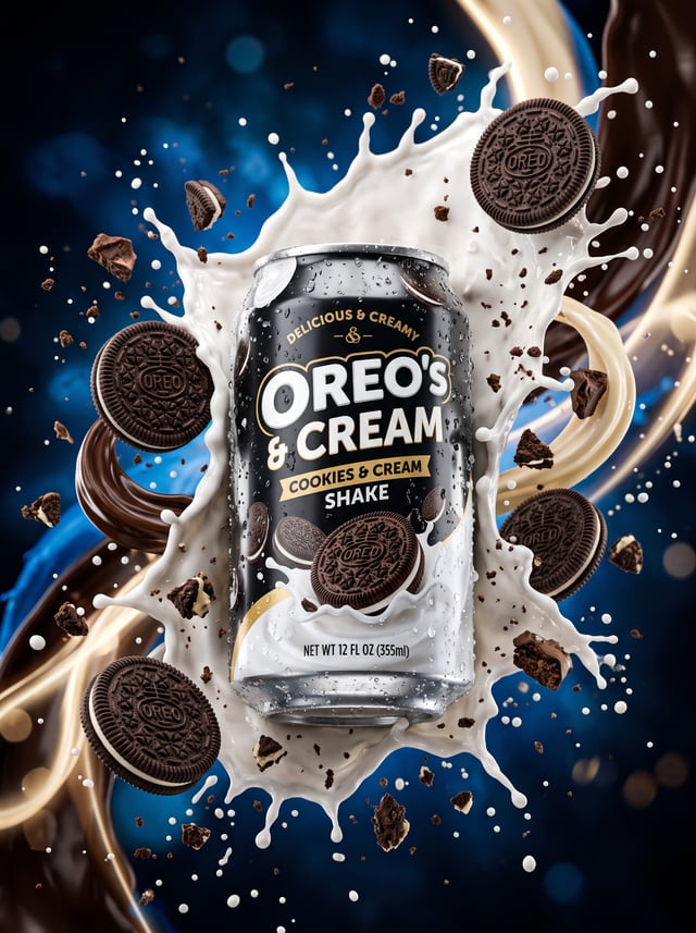 Hyper-realistic product advertisement of a cookies-and-cream shake can with black and white design, 