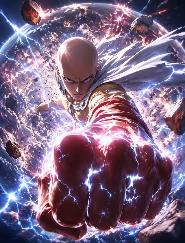 An epic, cinematic, high-quality anime poster of Saitama from One-Punch Man throwing a devastating, 