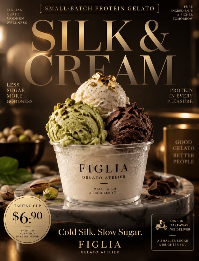 【项目定位】为原创高端意式 Gelato 品牌 “FIGLIA GELATO ATELIER” 创作戛纳级促销海报。沿用同一骨架，但产品换成低糖高蛋白 Gelato 品鉴杯/小批量口味系列，场景为午夜
