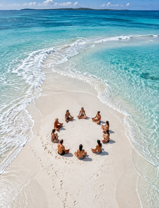 A group of beachgoers sits cross-legged in a loose meditation circle on a pristine sandbar, their re