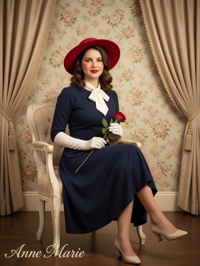 A vintage 1950s studio portrait of an elegant woman with classic Hollywood pin-up waves and a beauty