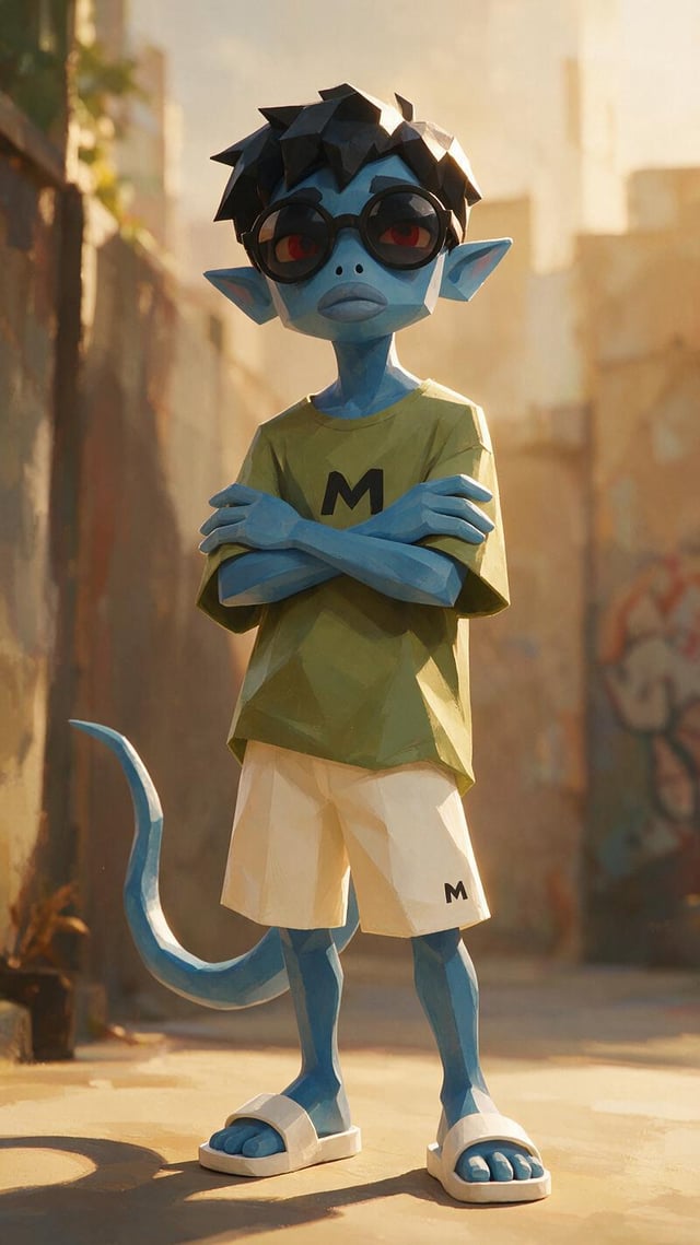 Stylized 3D painterly animation aesthetic, hand-painted 3D character rendering, angular faceted form