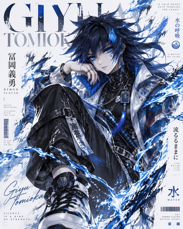 [Giyu Tomioka] Create a high-end anime fashion poster-style vertical key visual based on the attache