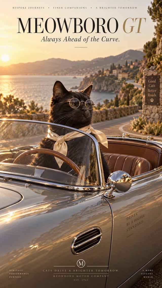A black cat wearing round wire-rim spectacles and a cream silk neckerchief sits upright behind the c