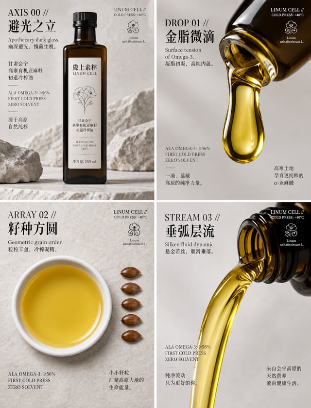 # 商业海报设计提示词：高原冷榨亚麻籽油多视角矩阵为虚拟高原有机健康油脂品牌 陇上素榨 (LINUM CELL) 创作一张 2x2 商业摄影画报，以四种高规格专业摄影视角展现一瓶“甘肃会宁高寒有机亚麻