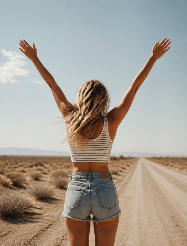 A young woman stands on a deserted desert road with her back to the camera, lifting both arms overhe