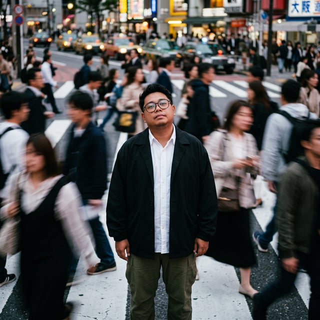 Cinematic street photography capturing a moment in motion with a crowd blur effect. Overhead portrai