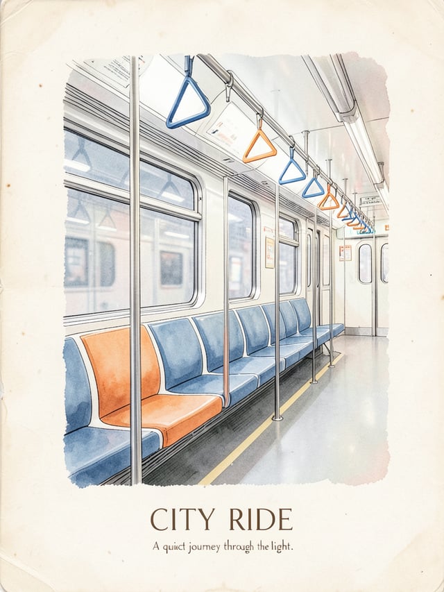 Create a serene, premium travel photograph of the interior of a modern city train during nighttime. 