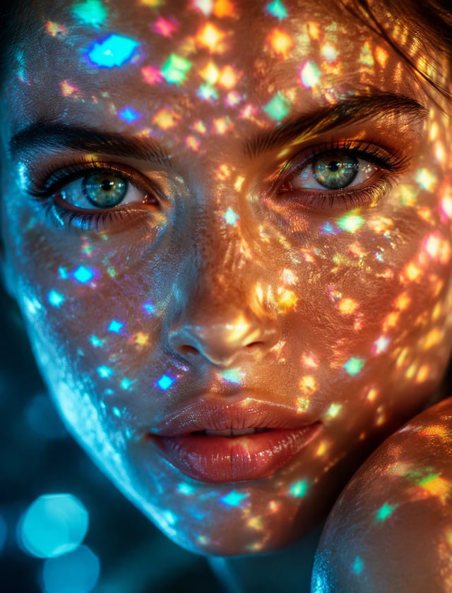 An extreme close-up portrait frames a woman’s face from forehead to chin, her turquoise-green eyes f