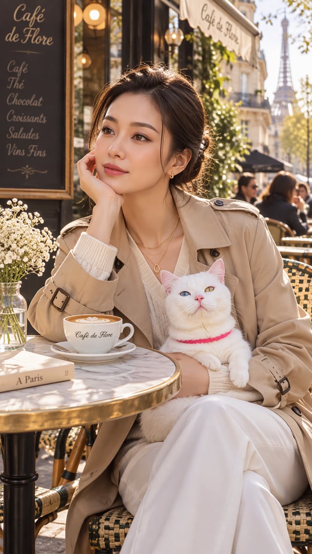 A candid portrait of a beautiful young woman (photo attach) sitting at an outdoor bistro table in a 