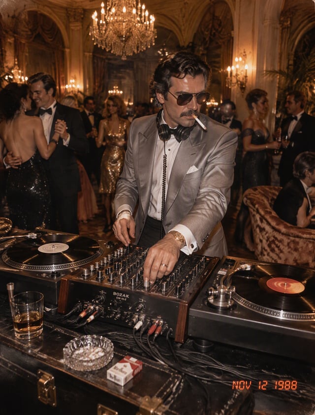A sharply dressed mustachioed DJ operates two turntables and a vintage analog mixer at the center of