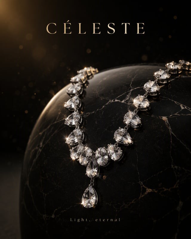 Create an ultra-premium jewelry advertising poster for a fictional brand "CÉLESTE". FORMAT: 4:5 vert