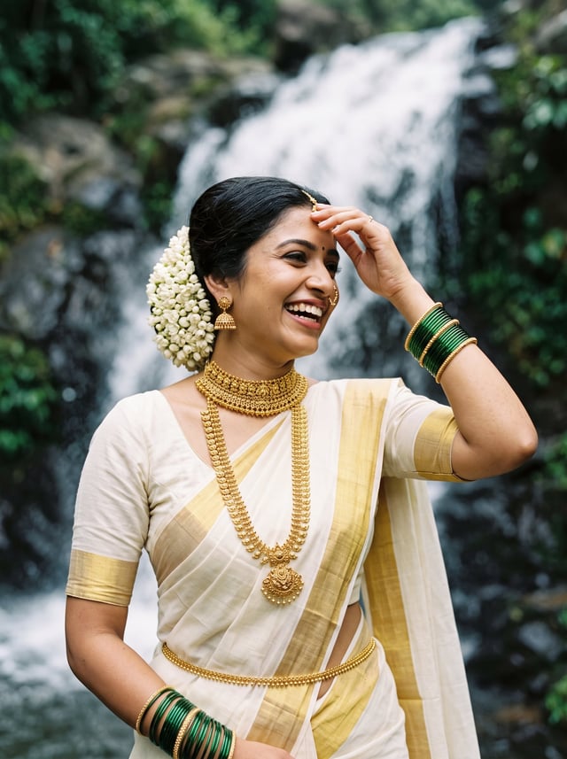 { "prompt": "A medium close-up photograph of a smiling South Asian woman in her late 20s, with warm-
