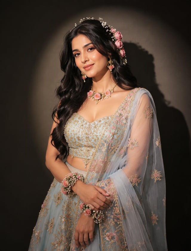 Elegant portrait of a woman in soft spotlight against a dark background, casting a clean shadow behi