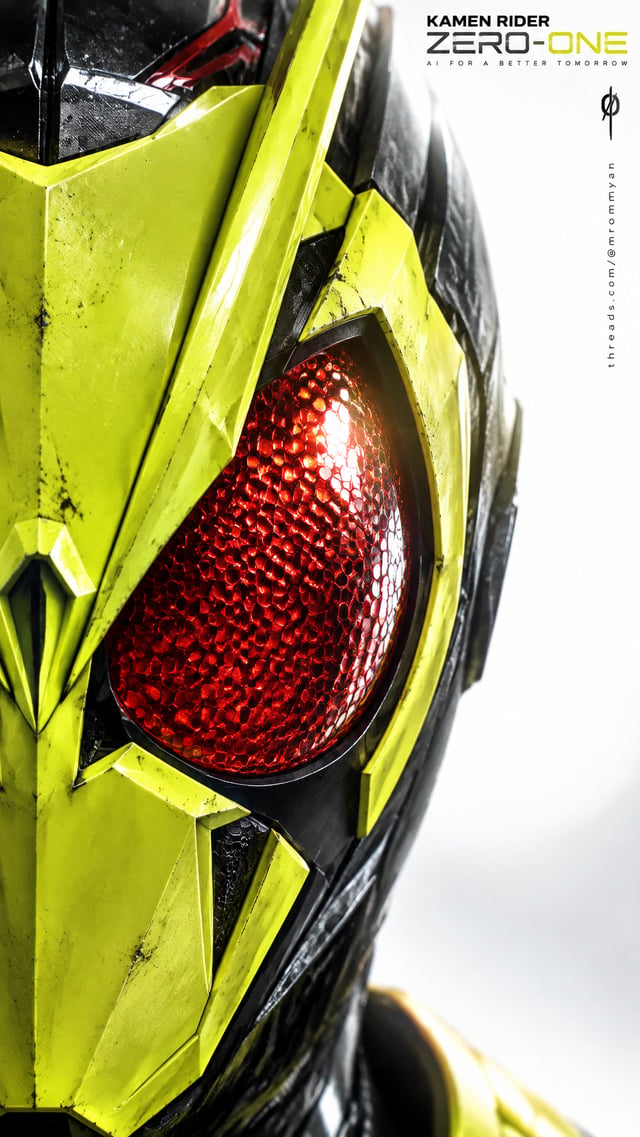 Create an ultra-hyper-detail bright macro cinematic semi-realistic portrait of [KAMEN RIDER ZERO-ONE