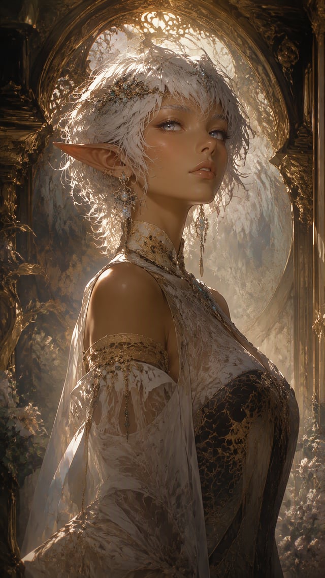 A highly detailed anime-style portrait of a elf girl with large luminous eyes of moonlit silver, wit