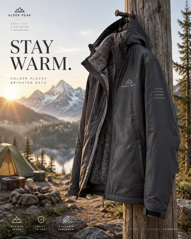 Premium 4:5 advertising poster for a luxury outdoor jacket brand. A single charcoal technical jacket