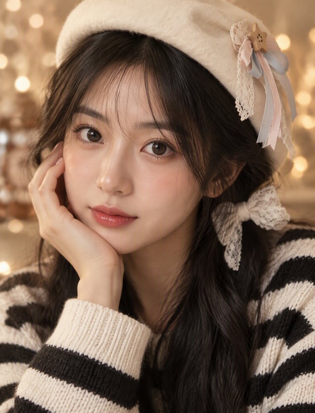 Close up portrait of a young Asian woman with black hair adorned with a white lace bow. She wears a 