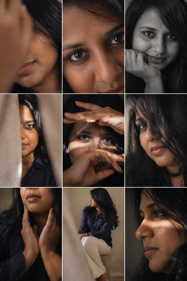 Editorial 3x3 photo grid in a clean soft beige studio. Character (matches reference 100%) wearing li