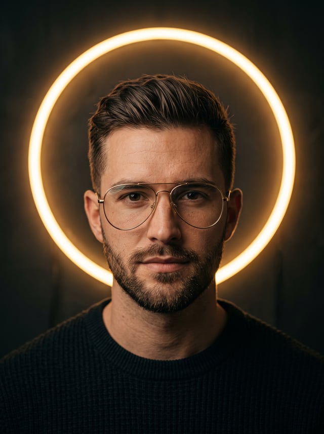 Cinematic portrait of a handsome young man with short styled hair and a trimmed beard, wearing thin 