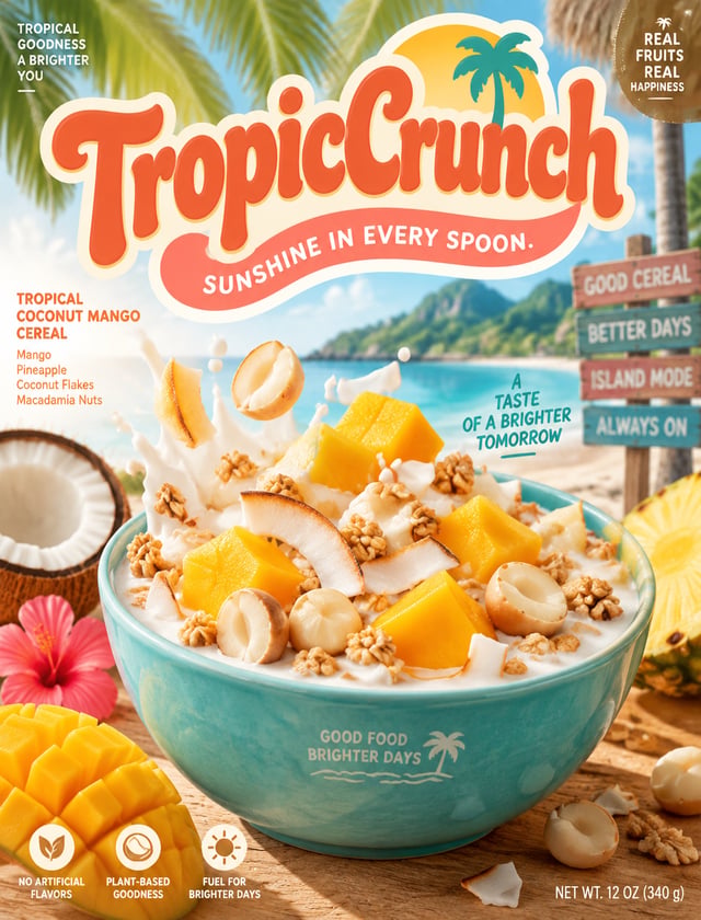 TropicCrunch（热带椰香芒果麦片 —— 夏日度假风） - 品牌标语 (Slogan)：“SUNSHINE IN EVERY SPOON.”（每一勺都是阳光） - 核心调性 (Vibe)：夏日