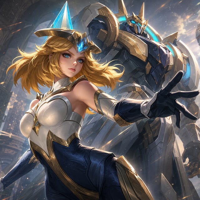 A stylized fantasy warrior woman twists through a dynamic three-quarter portrait, her golden shoulde