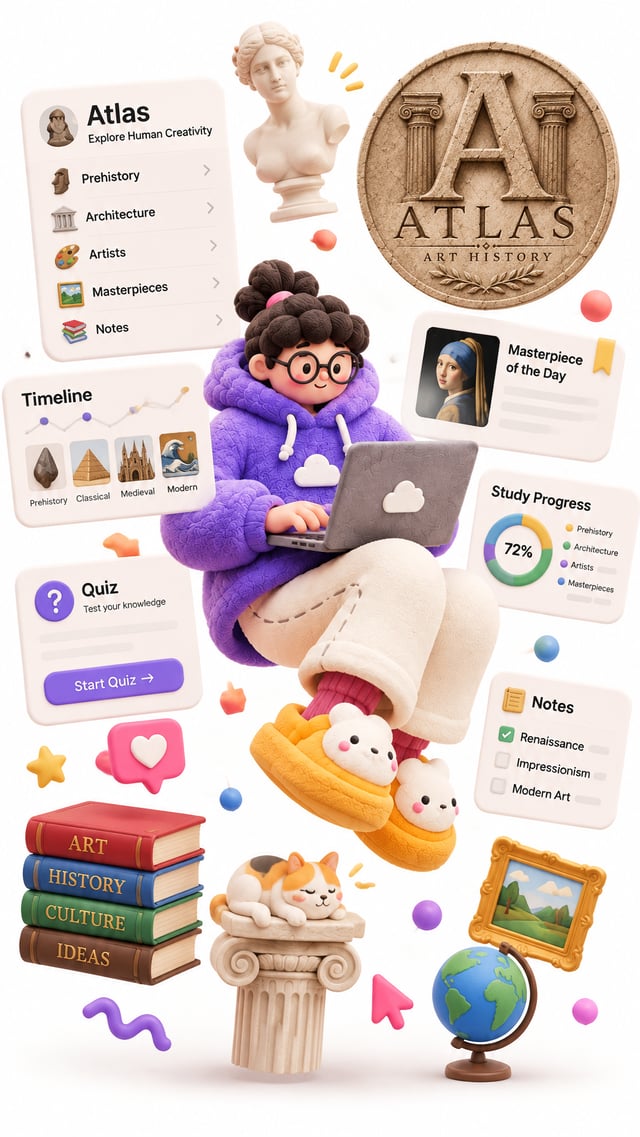 A whimsical 3D mascot with oversized round glasses sits cross-legged in a plush purple hoodie, typin