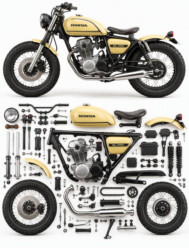 /explode view A compact retro-styled bobber from honda GL pro is presented in a clean left-facing si